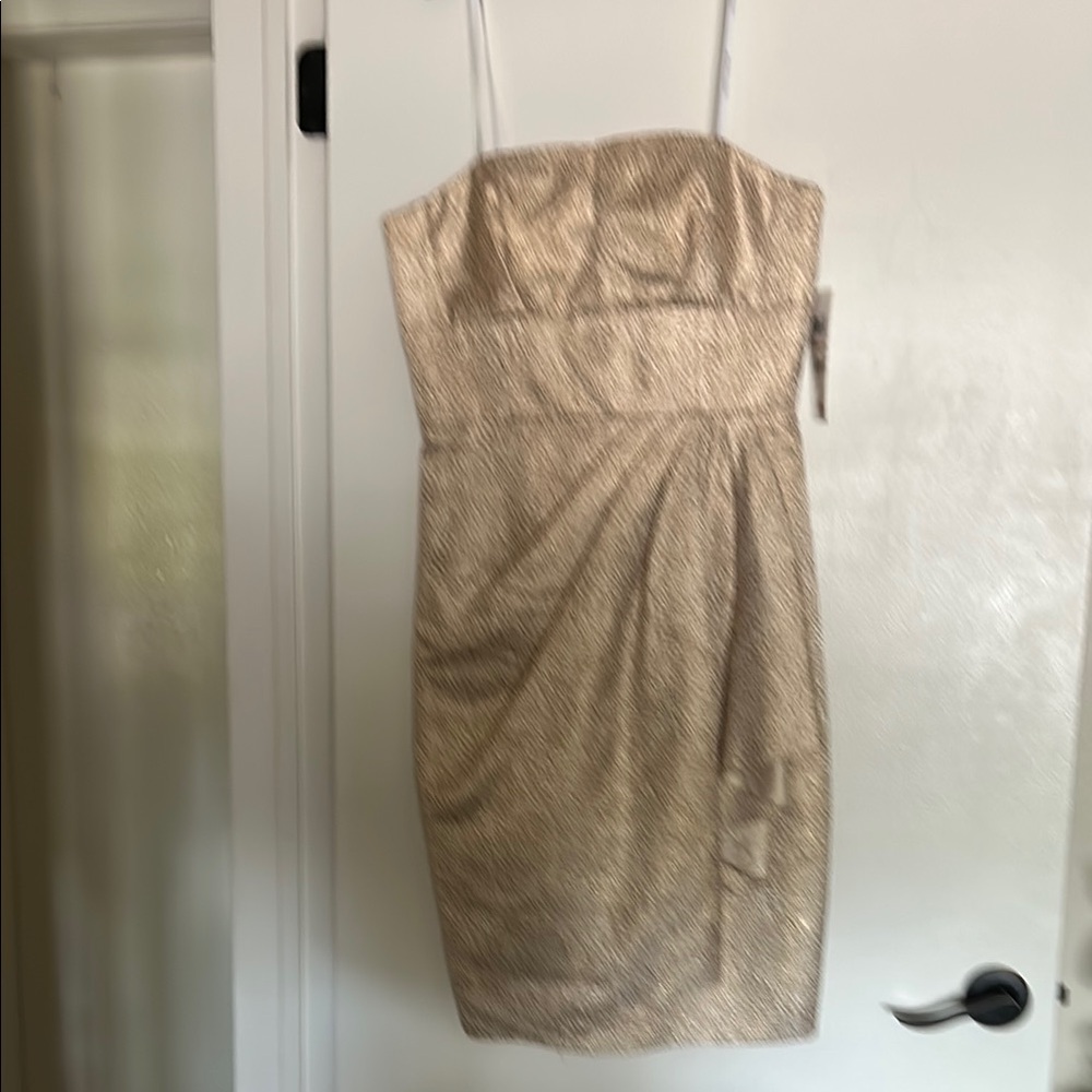 Maggy London Gold Strapless Sheath Dress with Pleated Details